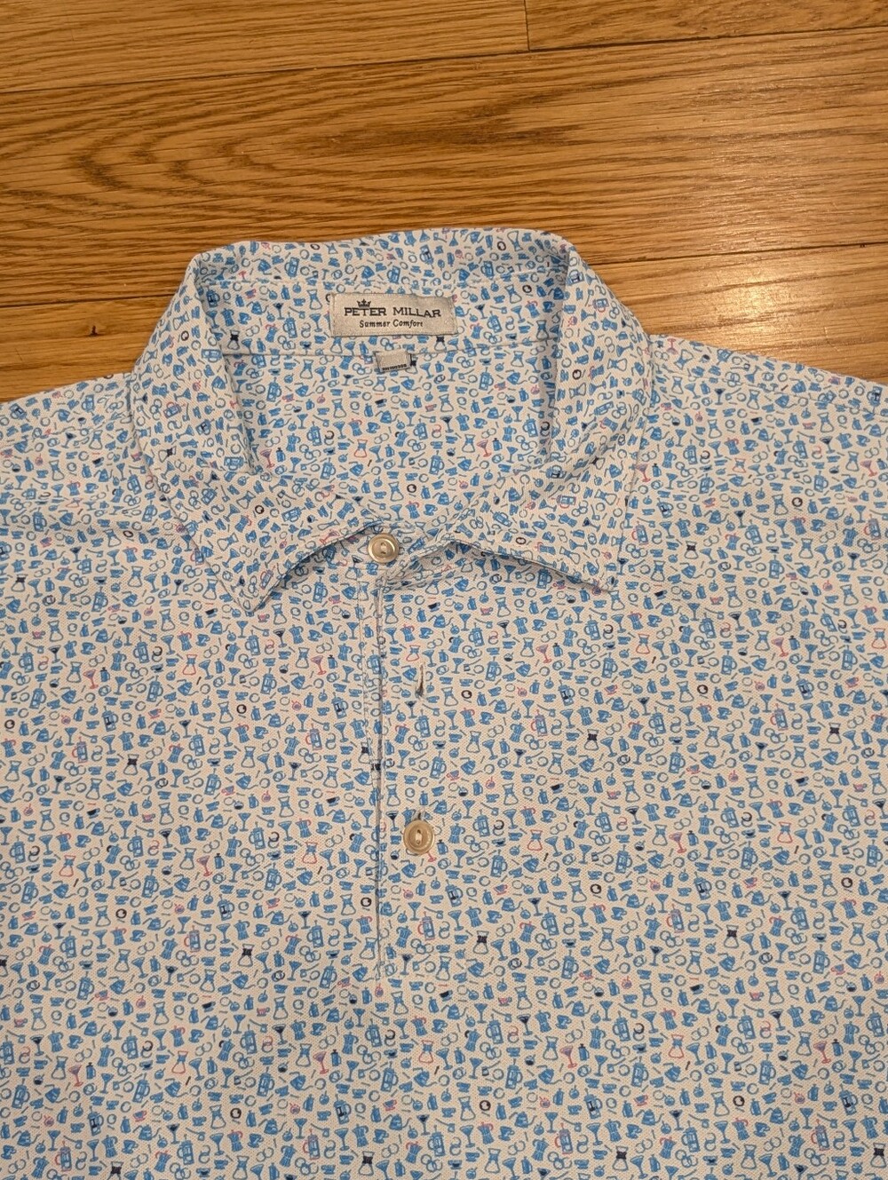 Peter Millar Summer Comfort Polo Men’s Large White Blue Cocktail Print